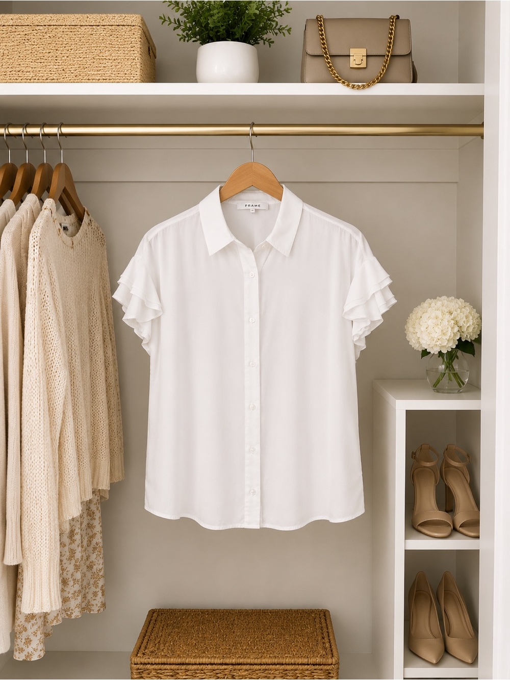 FRAME Classic White Ruffle Sleeve Button-Front Blouse